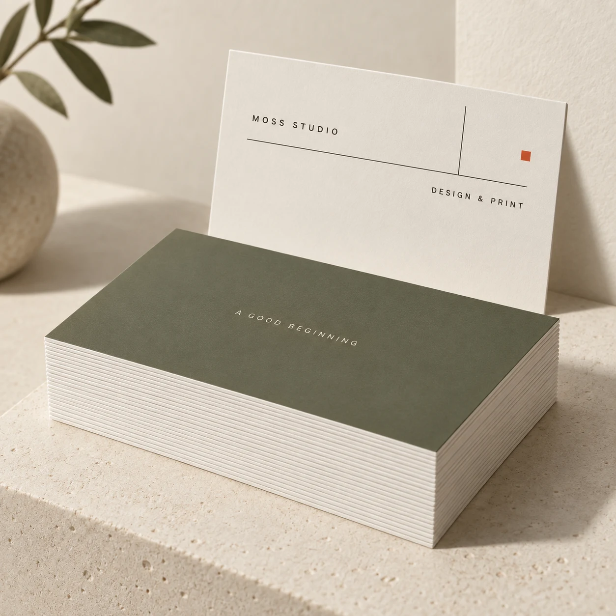 Business card concept showing a substantial stack with clean white edges and a minimal upright card