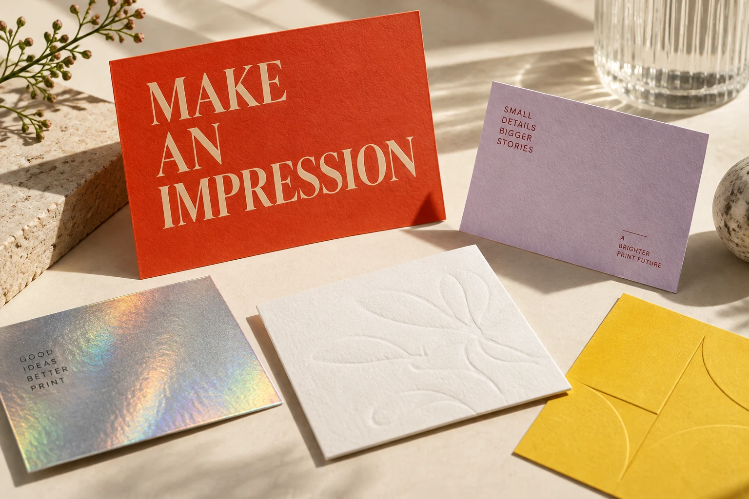 A sculptural arrangement of colorful letterpress, cotton paper and holographic print samples