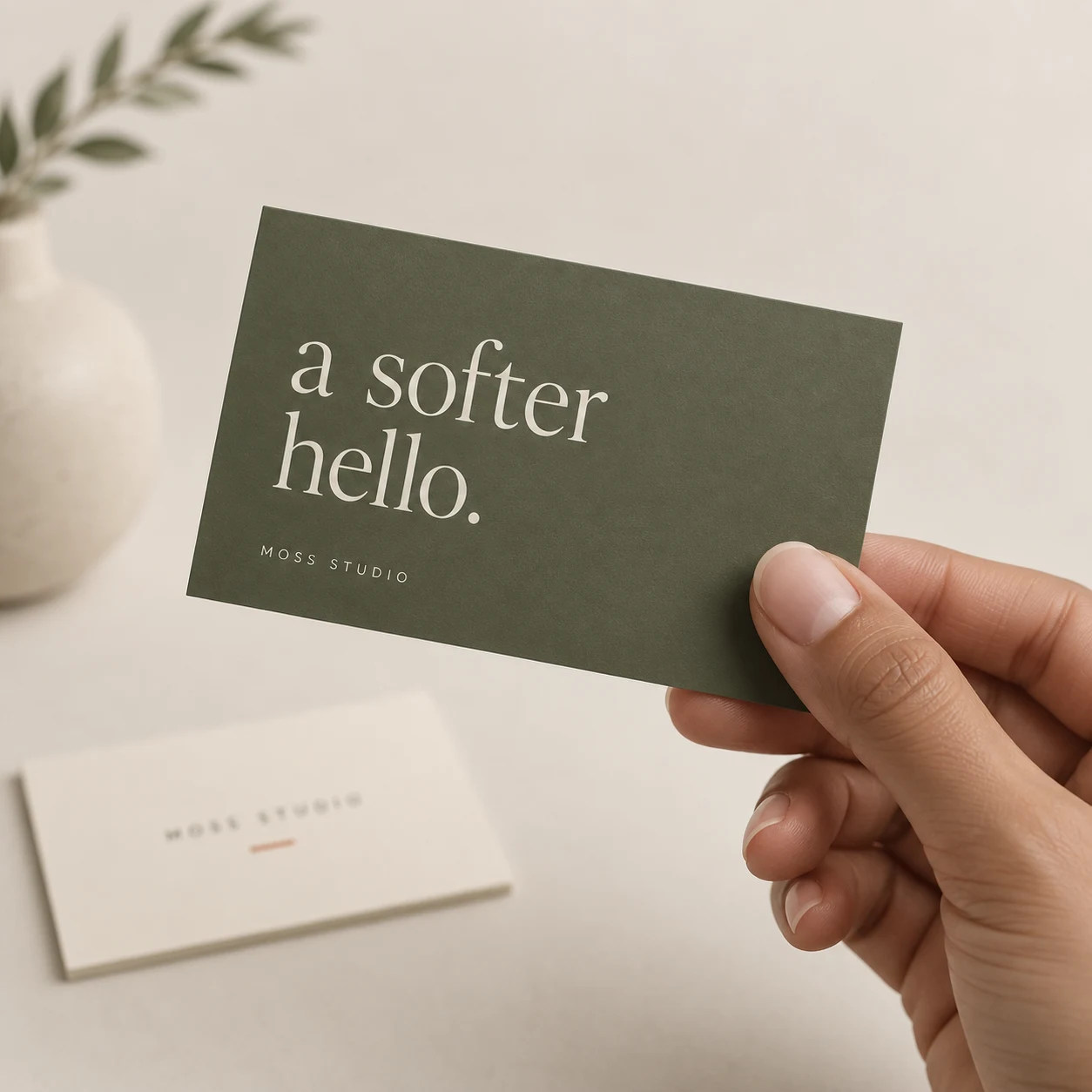 A hand holding an olive green soft touch business card concept with cream typography