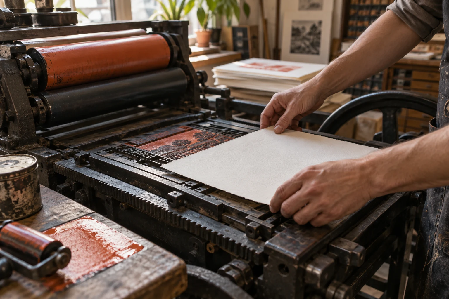 Illustrative view of hands positioning cotton paper in a letterpress studio
