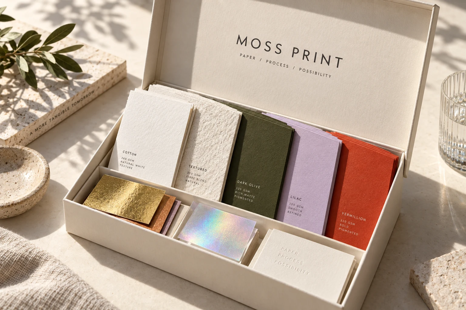 An open MOSS PRINT sample box filled with paper, foil and textured print samples