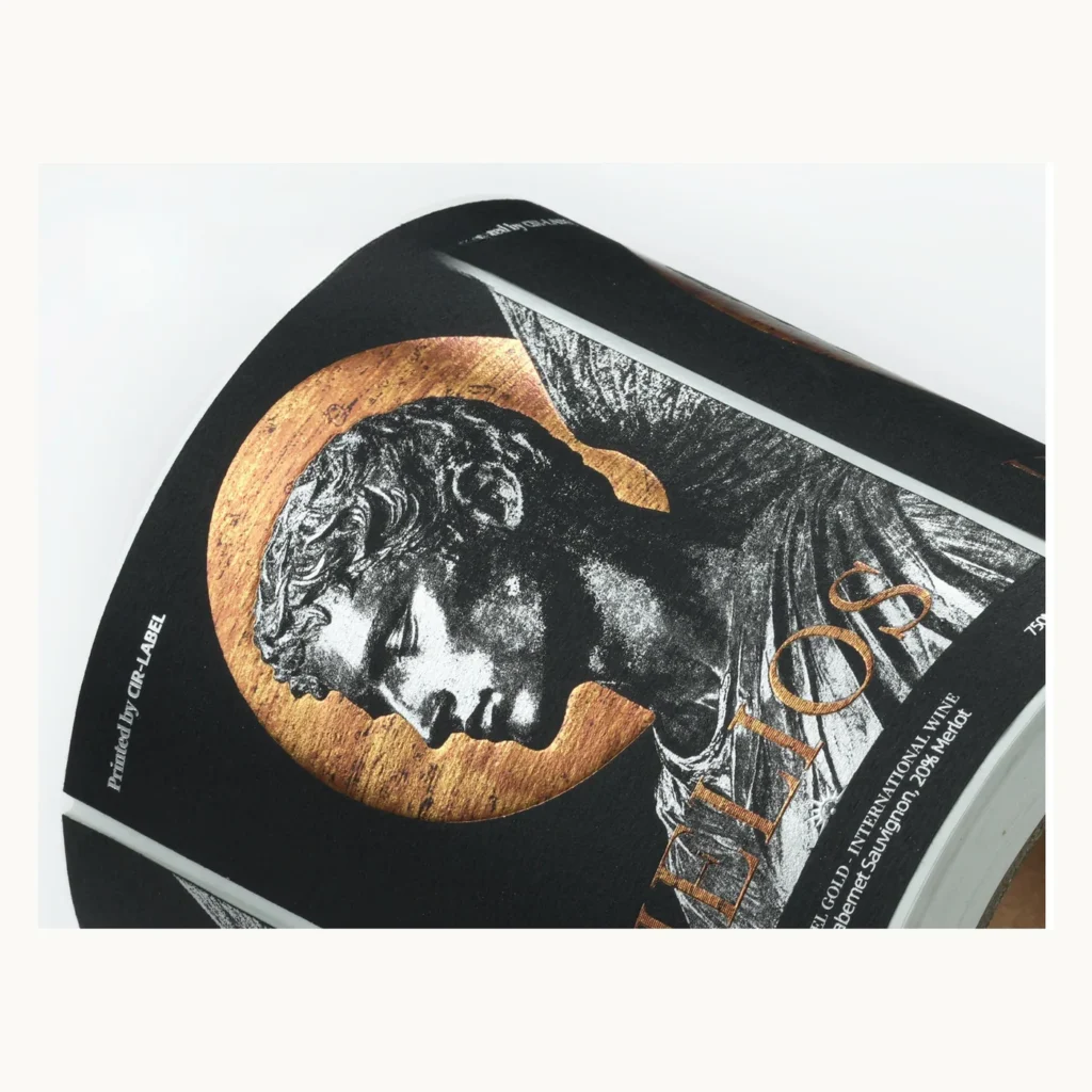 Photograph of Black Cotton Portrait Wine Labels with Sculpted Gold Foil