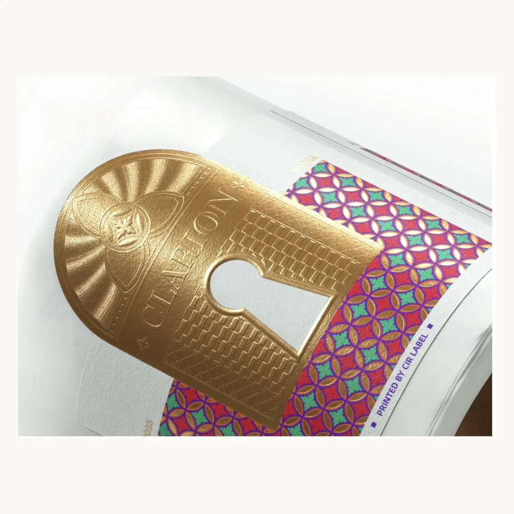 Photograph of Layered Gold and Mosaic Wine Labels