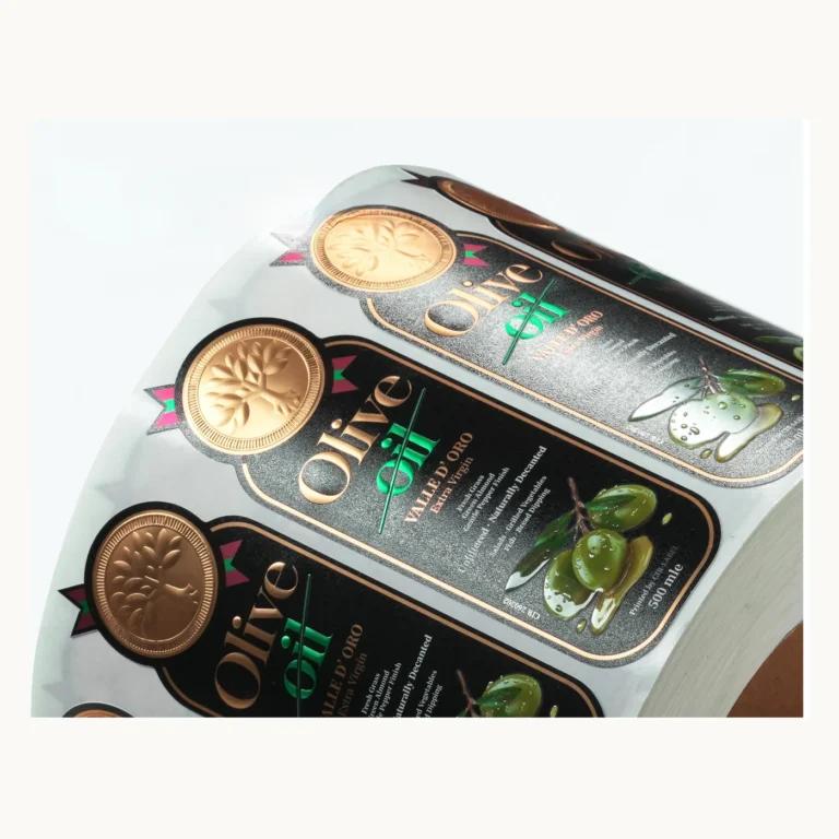 Photograph of Silver Olive Oil Labels with Raised Droplet Details