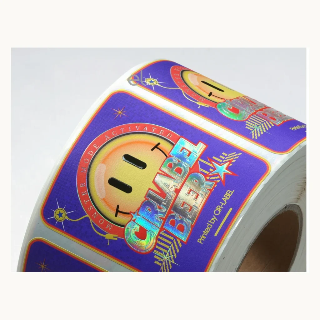 Photograph of Purple Craft Beer Labels with Colorful Festival Graphics