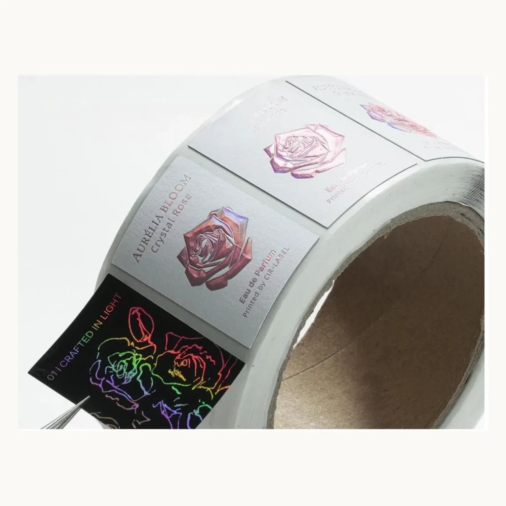 Photograph of Rose Illustration Labels with Layered Film Detail
