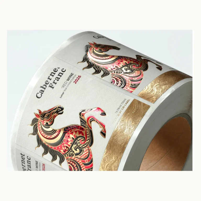 Photograph of Year of the Horse Wine Labels with Gold Illustration