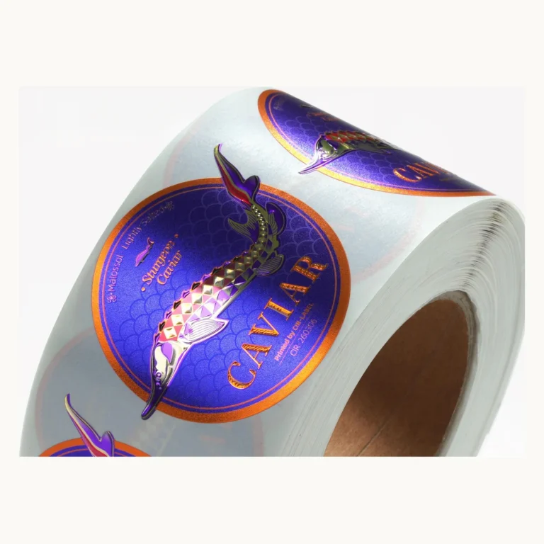 Photograph of Caviar Labels with Blue Medallion and Copper Accents