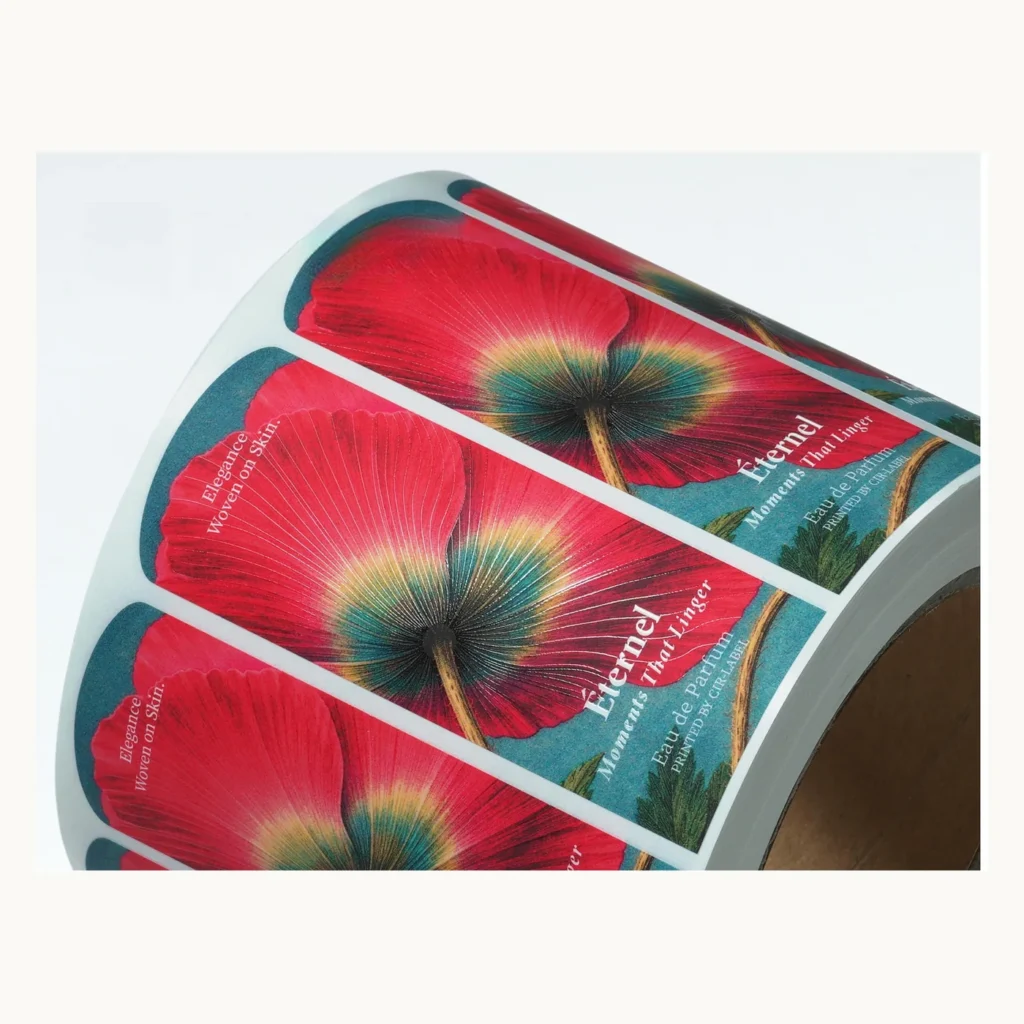 Photograph of Red Tropical Labels with Raised Floral Artwork