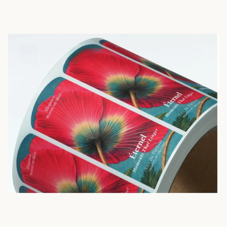 Photograph of Red Tropical Labels with Raised Floral Artwork