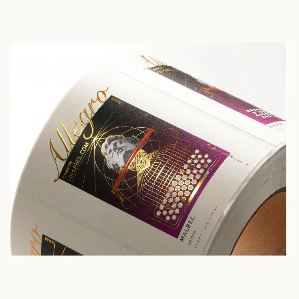 Photograph of White Wine Labels with Burgundy and Gold Mosaic Panel