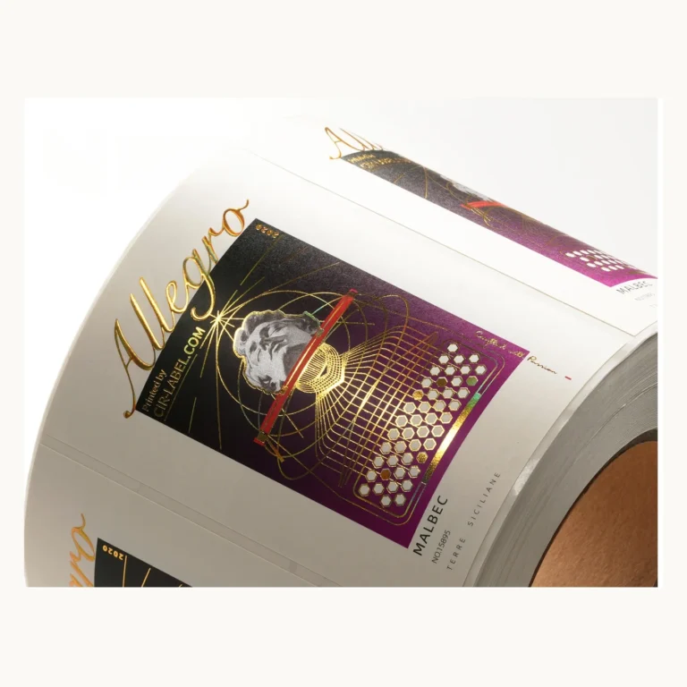Photograph of White Wine Labels with Burgundy and Gold Mosaic Panel