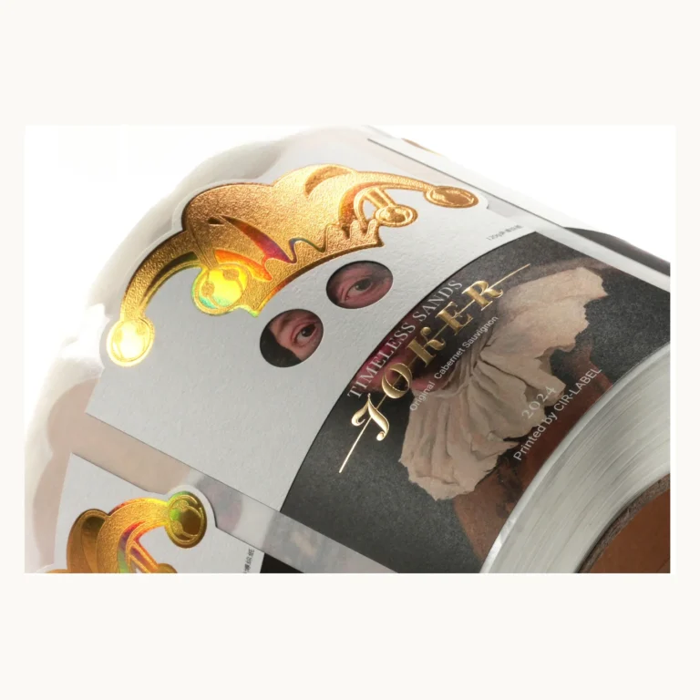 Photograph of Black Mask Wine Labels with Sculpted Gold Detail