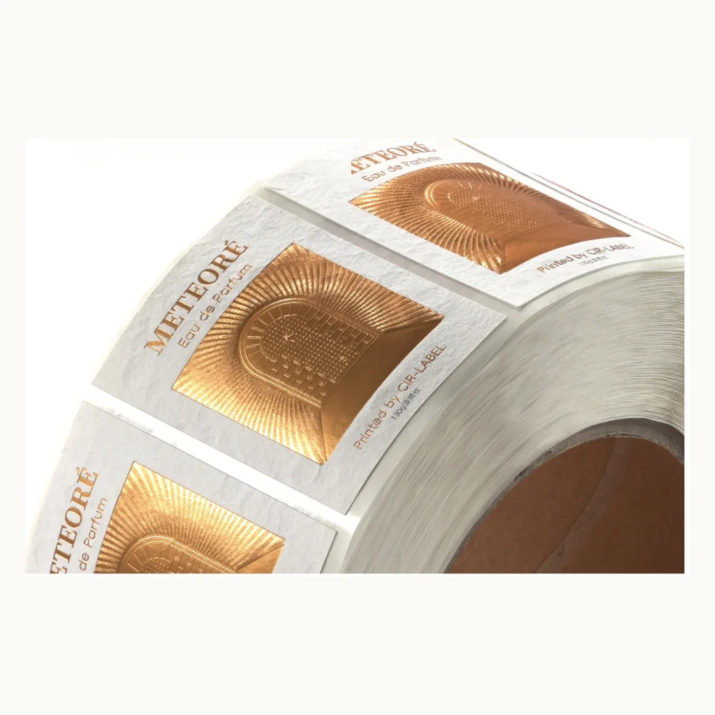 Photograph of Refractive Gold Wine Labels with Arc Motif