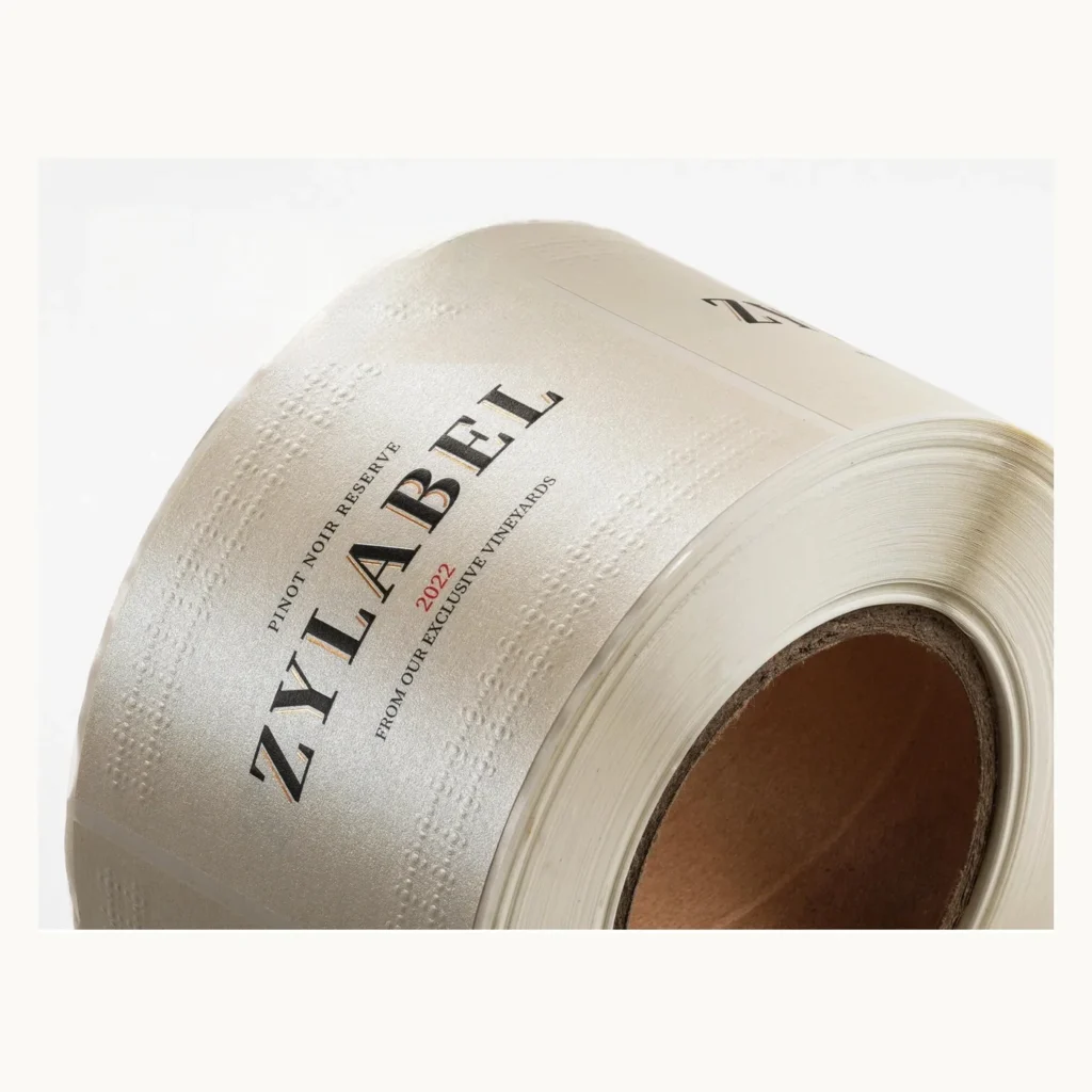 Photograph of Iridescent Paper Wine Labels with Fine Serif Type