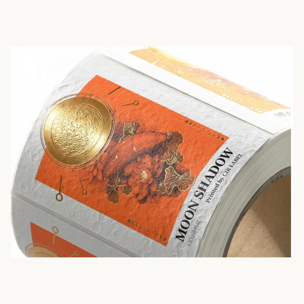 Photograph of Orange Landscape Wine Labels with Raised Gold Seal