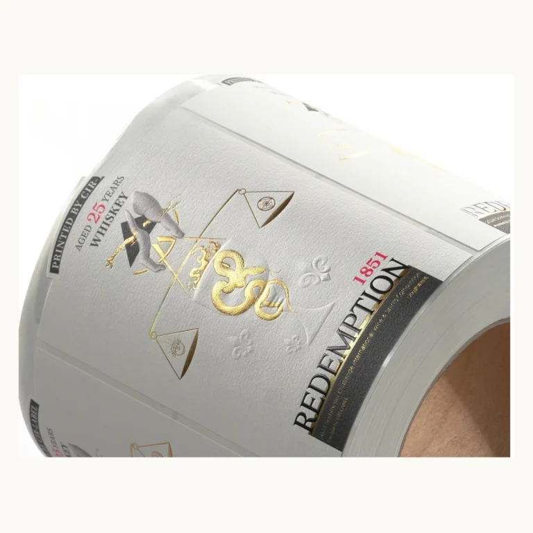 Photograph of White Wine Labels with Gold Crest and Fine Line Art
