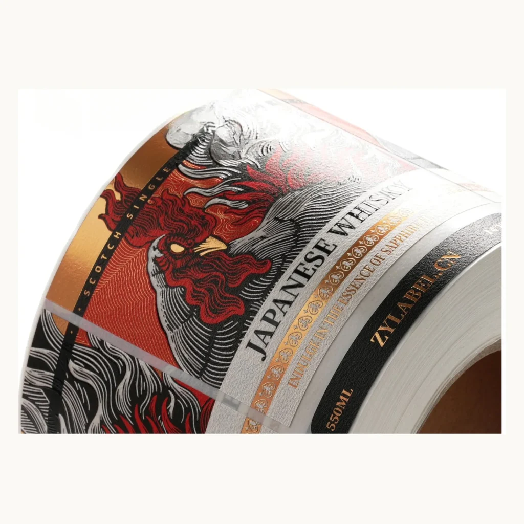 Photograph of Red and Black Illustrated Wine Labels with Foil Detail