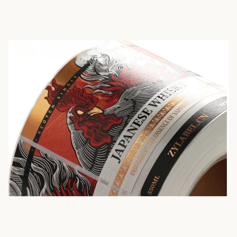Photograph of Red and Black Illustrated Wine Labels with Foil Detail