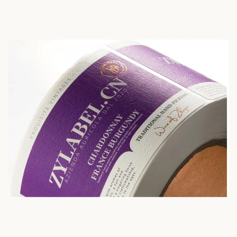 Photograph of Purple Wine Labels with Gold Linework and Cream Footer