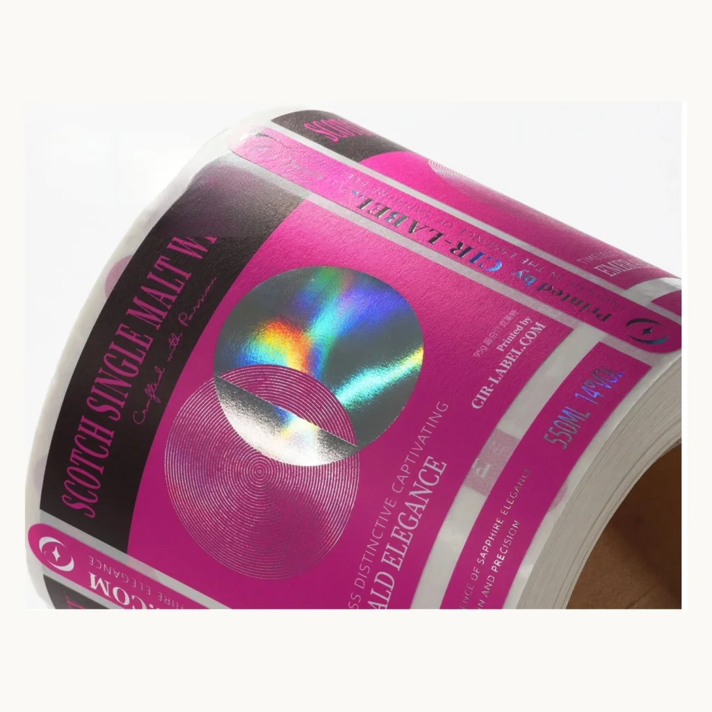 Photograph of Hot Pink Wine Labels with Rainbow Foil Circle