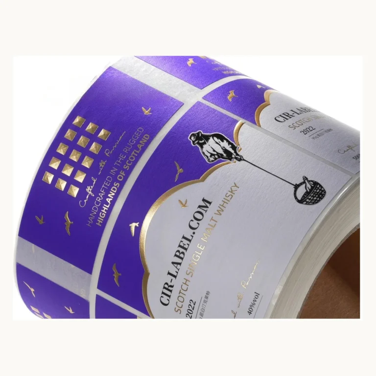 Photograph of Violet Neck Labels with Gold and White Information Blocks