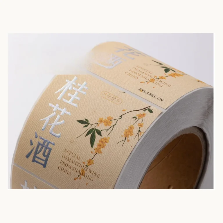 Photograph of Osmanthus Wine Labels with Gold Blossom Artwork