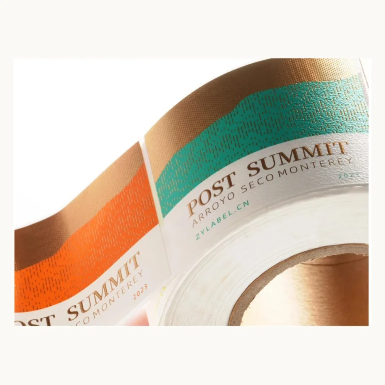 Photograph of Striped Orange and Green Wine Labels with Foil Text