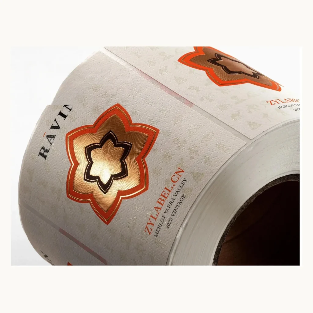 Photograph of White Wine Labels with Red and Gold Layered Emblem