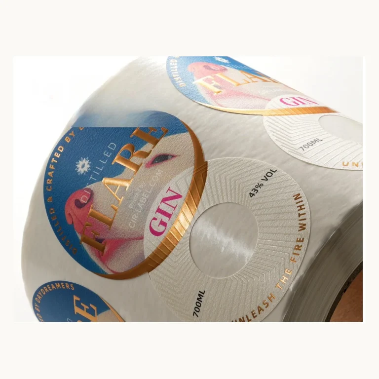 Photograph of Blue and Gold Wine Labels with Overlapping Medallions