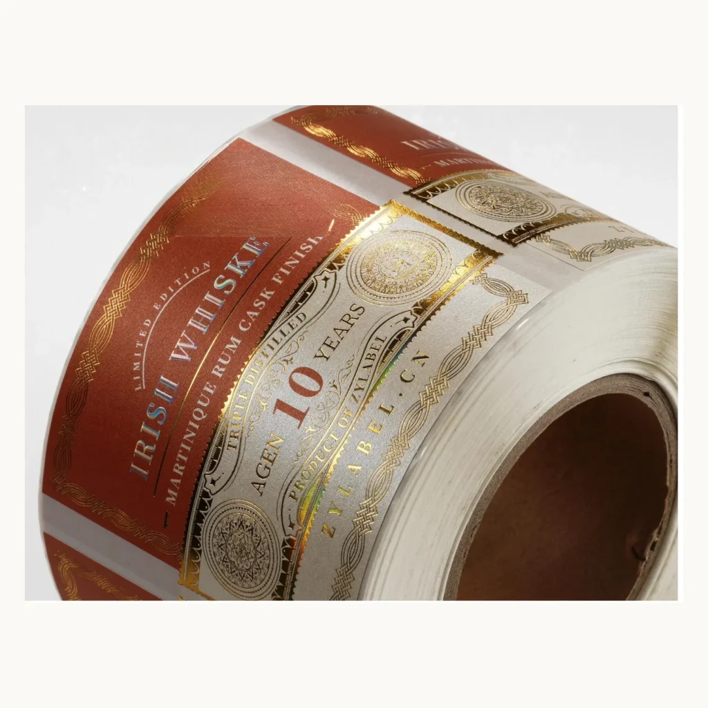 Photograph of Copper Whiskey Labels with Gold Crest and Fine Type