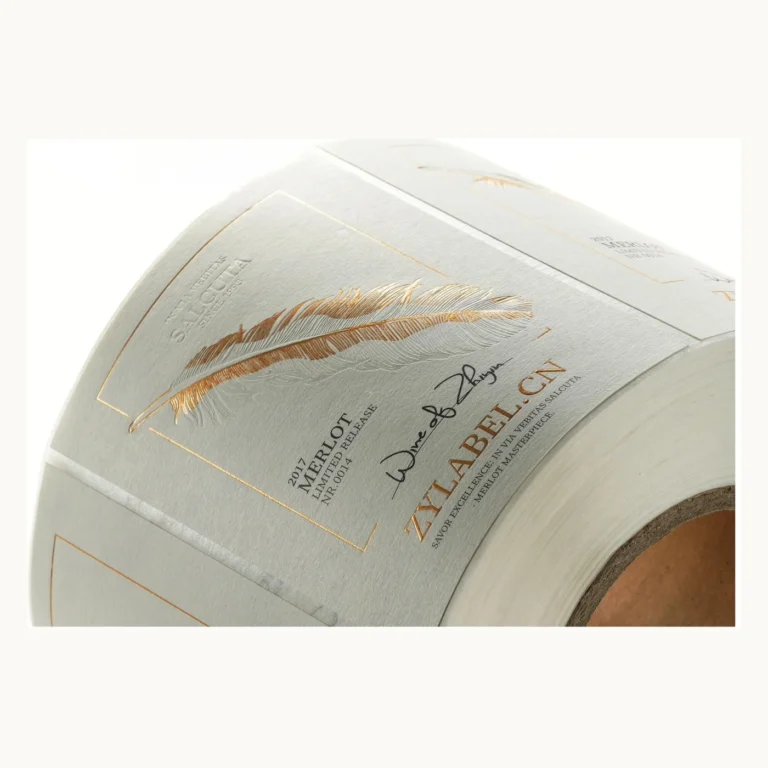 Photograph of Ivory Red Wine Labels with Gold Feather Detail