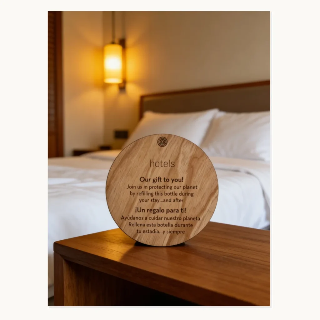 Photograph of Round Wooden Guest Room Refill Notice