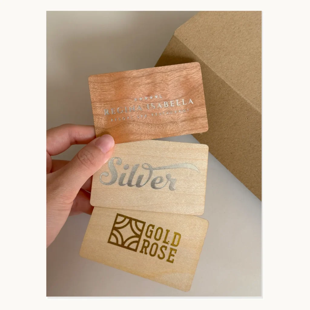 Photograph of Gold Rose and Silver Wood Card Samples