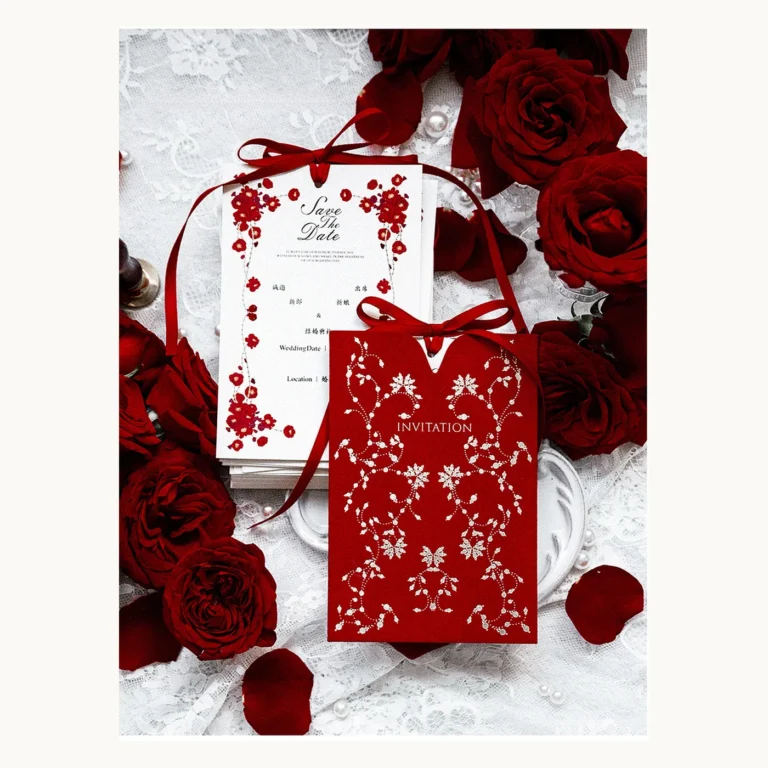 Photograph of Red Rose Wedding Invitation and Ribbon Set