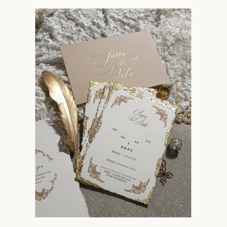 Photograph of Gold-Edge Wedding Invitation and Save-the-Date Set