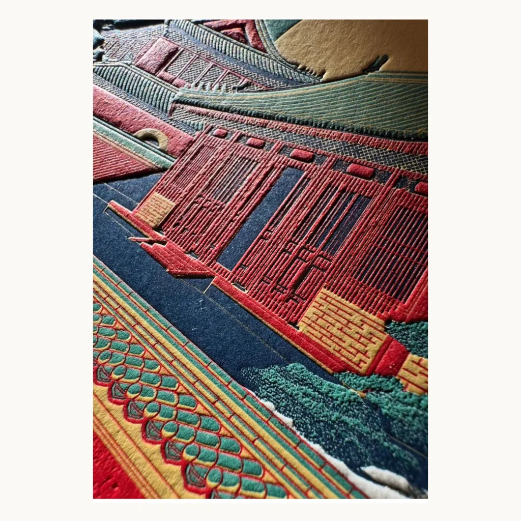 Photograph of Red Architectural Relief Art Print Detail