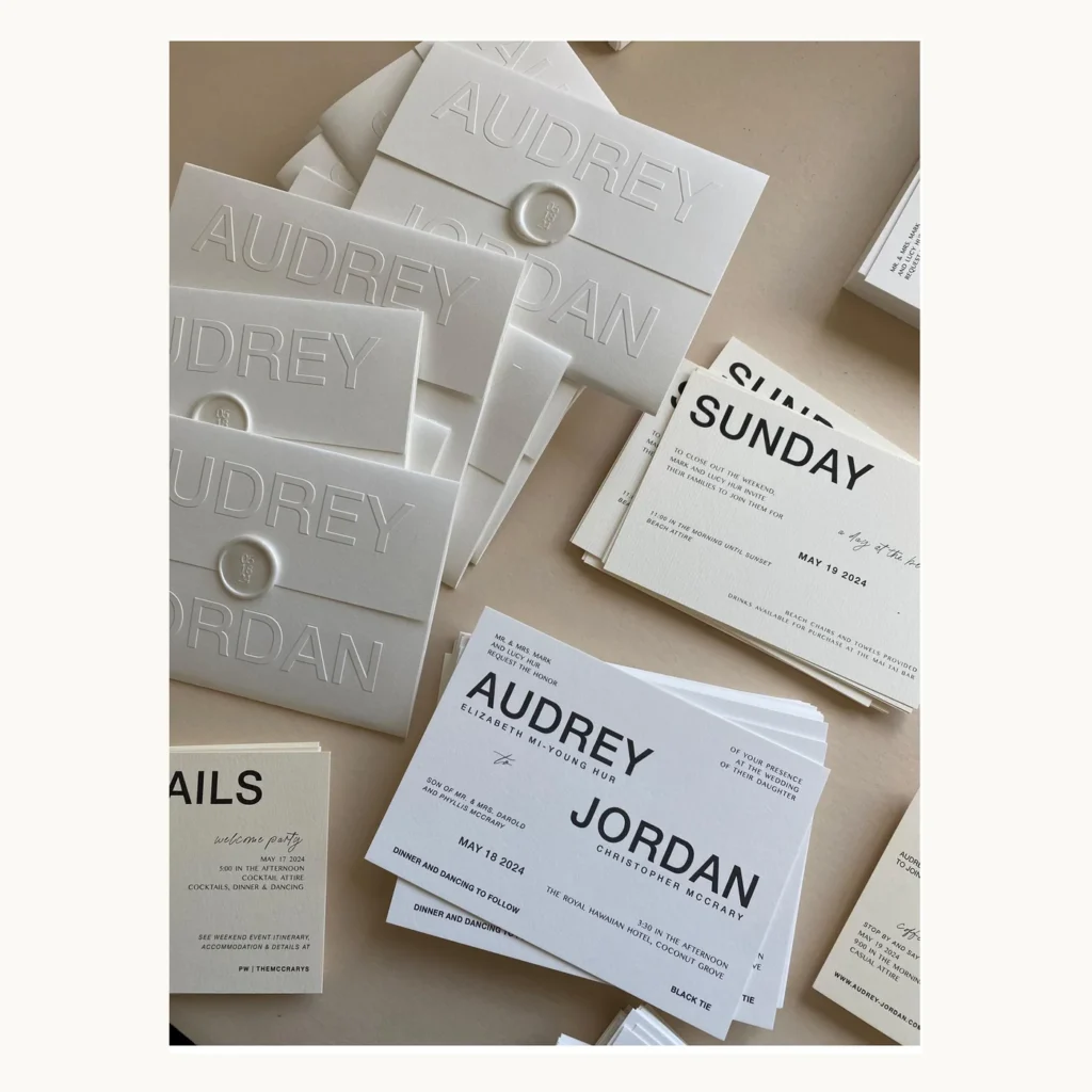 Photograph of Audrey and Jordan White Relief Wedding Suite
