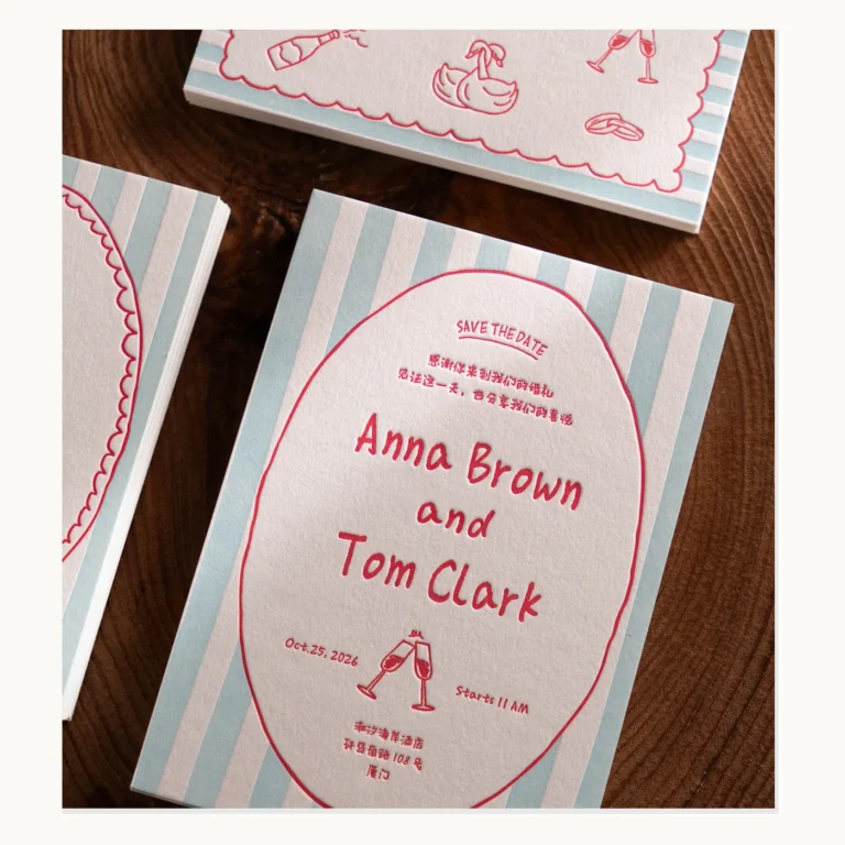 Photograph of Striped Cotton Paper Wedding Invitations with Red Frame