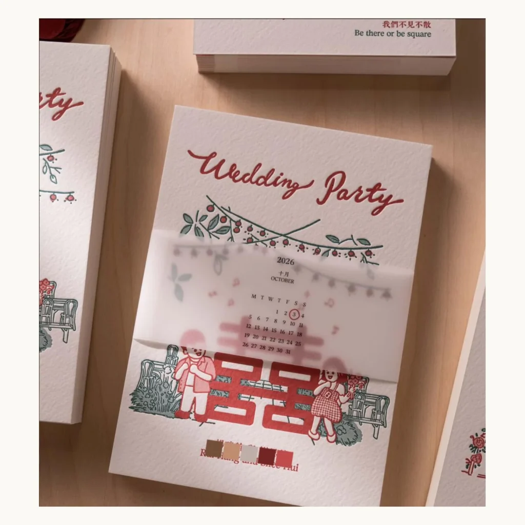 Photograph of Red and Green Letterpress Wedding Invitation Set