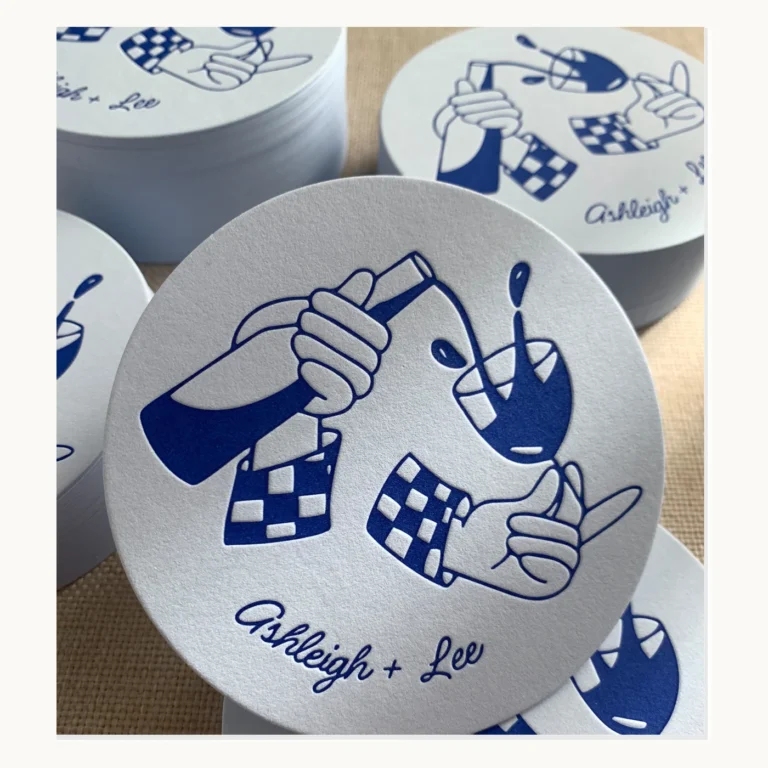 Photograph of Blue Illustrated Wedding Coaster Invitations