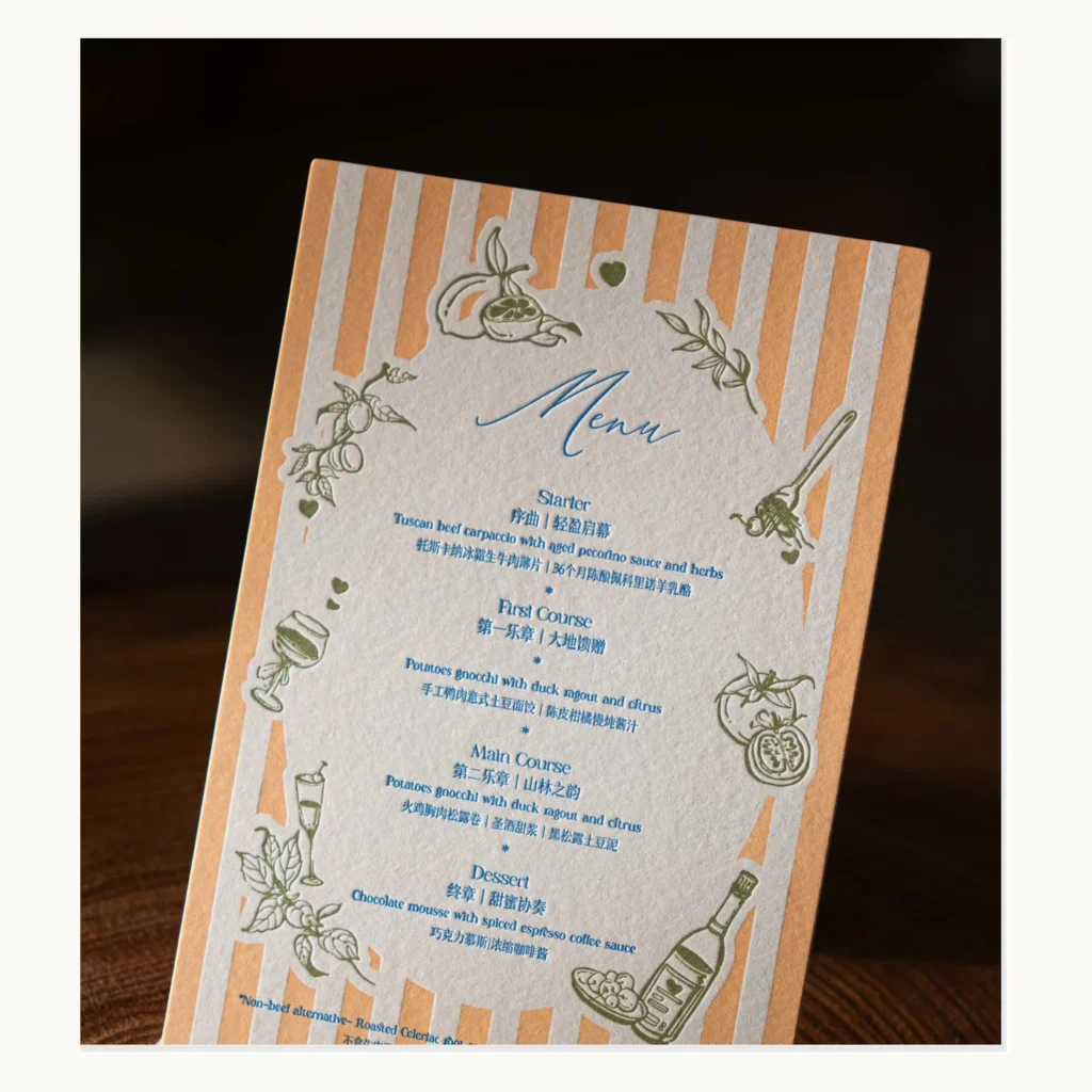 Photograph of Orange Striped Italian Art-Paper Wedding Menus