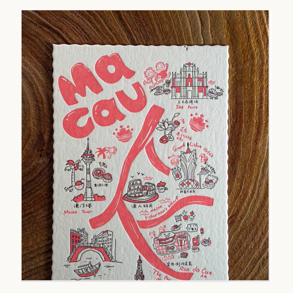 Photograph of Macau Illustrated Letterpress Postcards in Pink