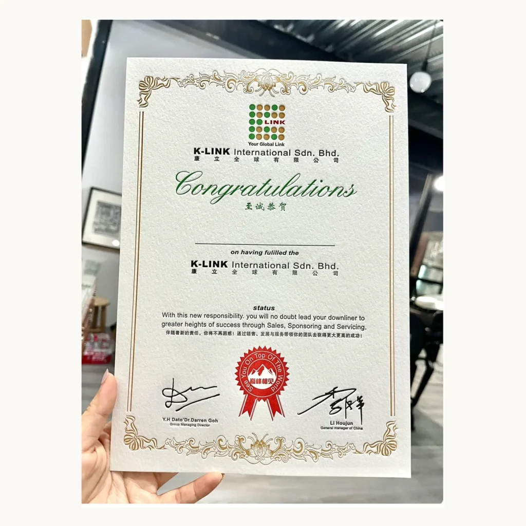 Photograph of K-LINK Congratulations Certificate