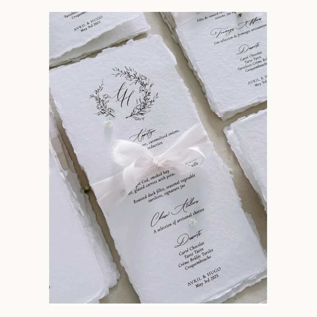 Photograph of White Deckle-Edge Wedding Dinner Menus