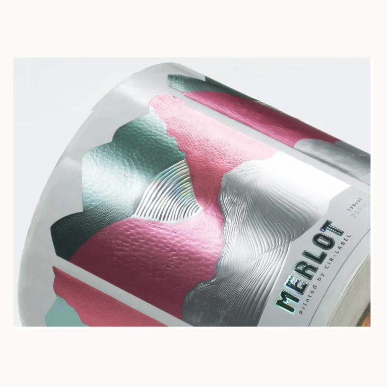 Photograph of Silver Wave Bottle Labels with Layered Metallic Finish