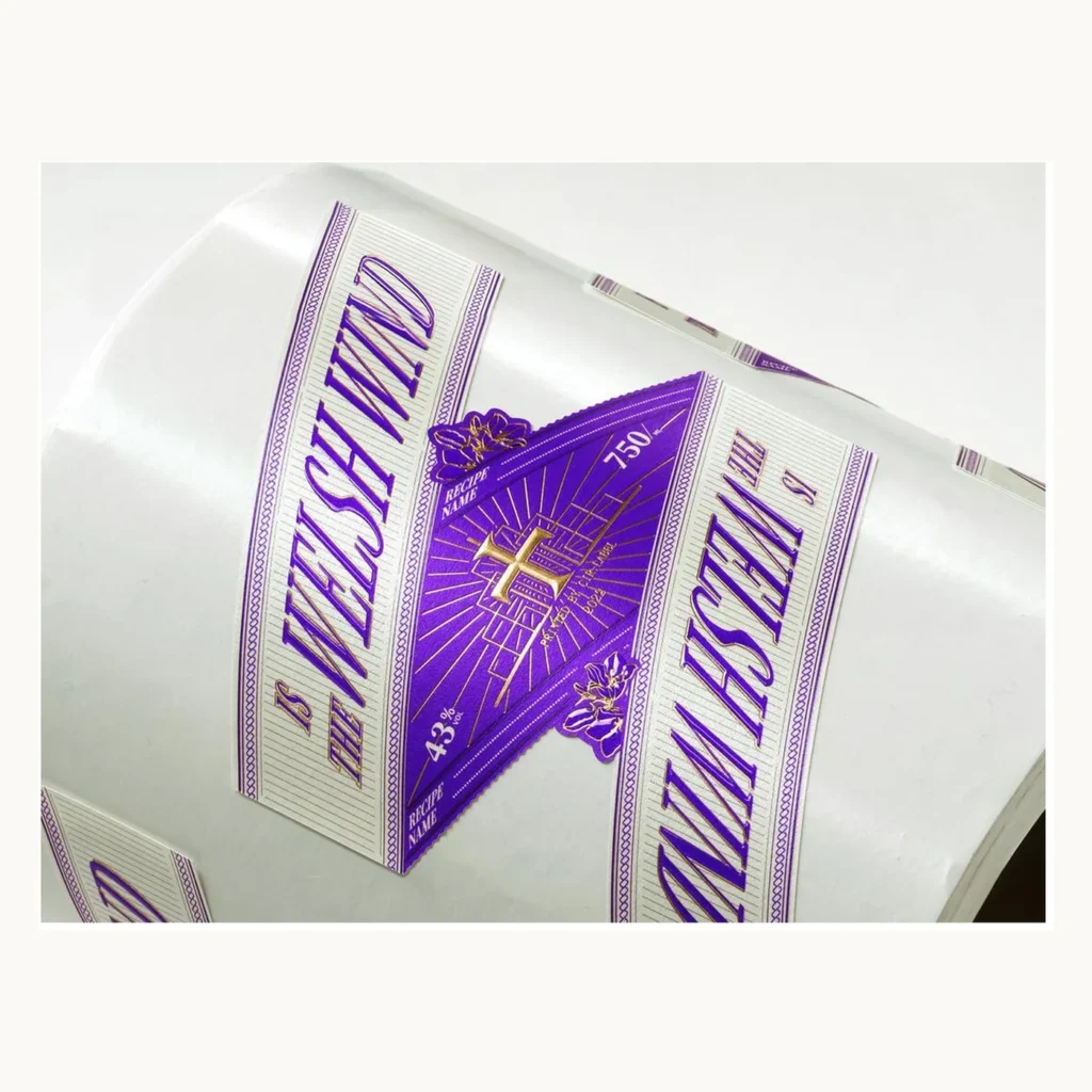 Photograph of Purple Geometric Bottle Labels with Raised UV