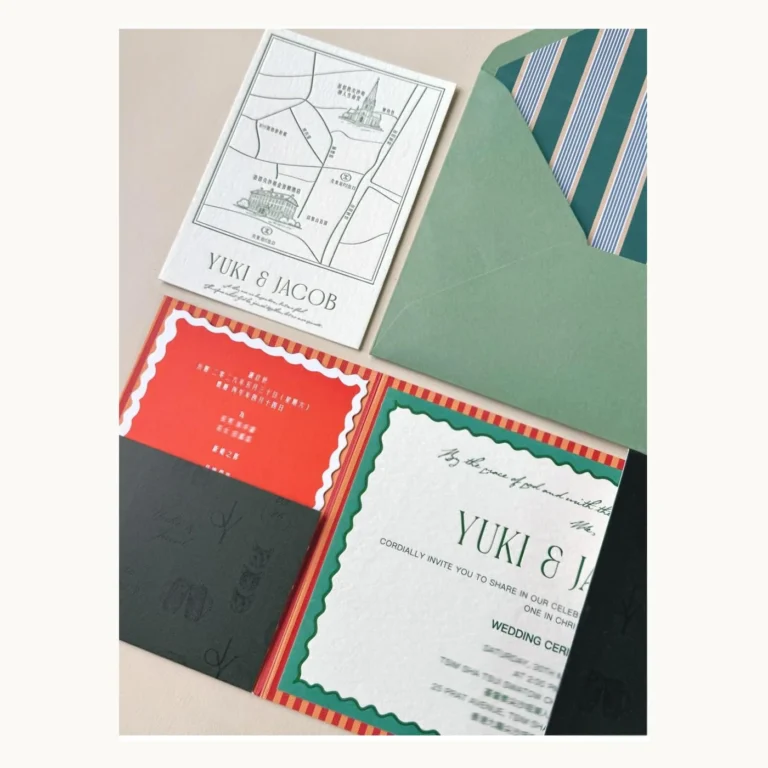 Photograph of Green and Orange Wavy Wedding Invitation Suite