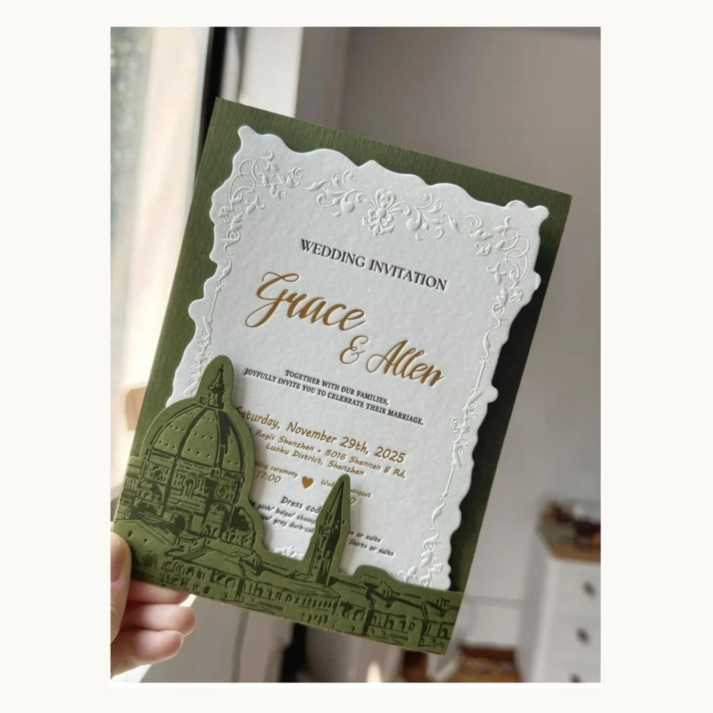 Photograph of Dark Green Gold Letterpress Wedding Invitations