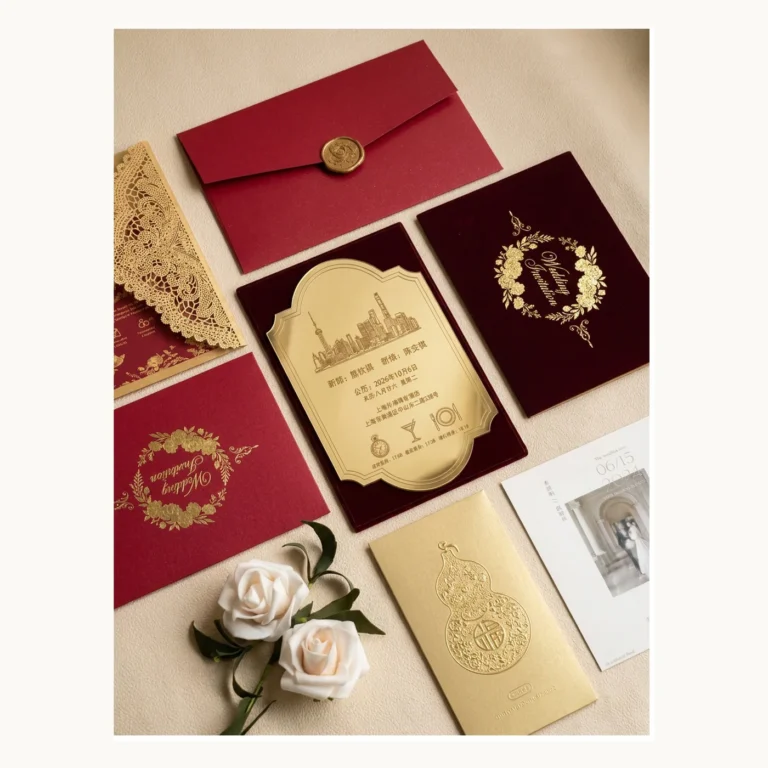 Photograph of Burgundy Gold Ornate Wedding Invitations